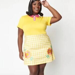 New Smak Parlour Yellow Gingham Rockabilly Cottage Daisy Mini Dress XL